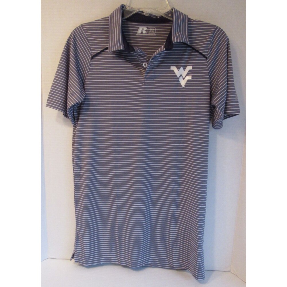 Russell West Virginia Short Sleeve Pull Over Striped Gray Polo Shirt Size Small